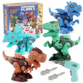 Six assembled dinosaur building block toys made from ABS plastic on a table