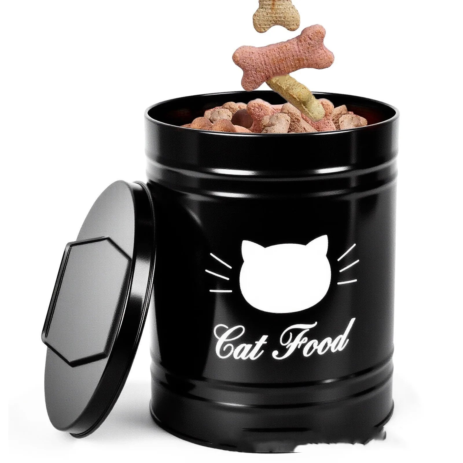 Round black iron sheet storage canister with lid on a kitchen shelf next to a white version.