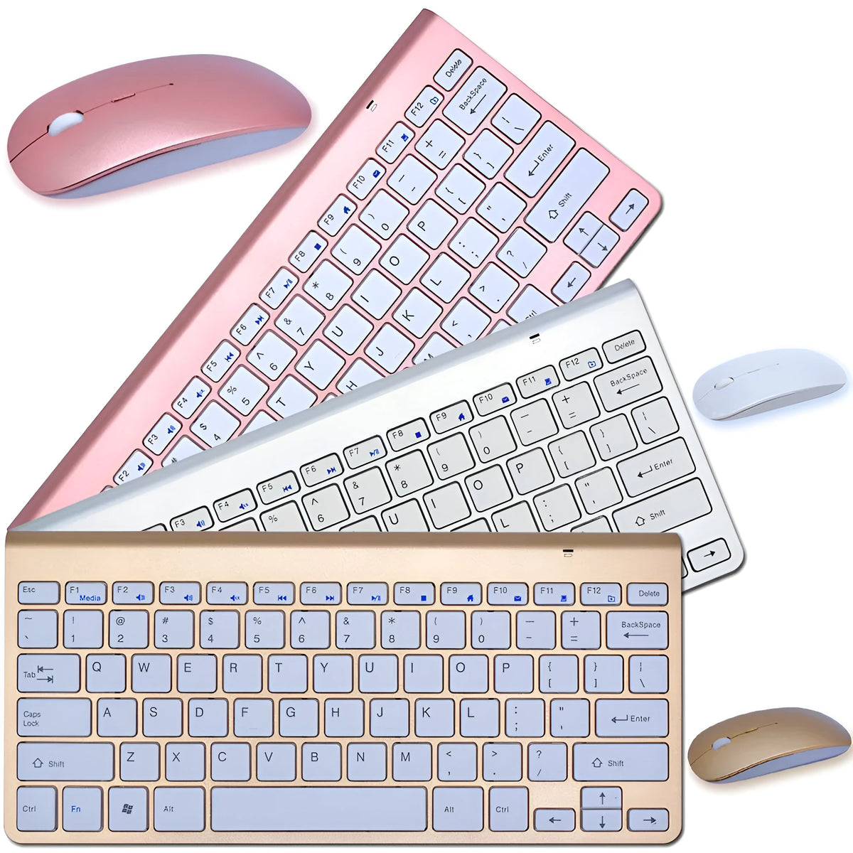 2.4G wireless keyboard and mouse combo set in Gold, Rose Gold, or Silver with 78 keys and shared USB receiver