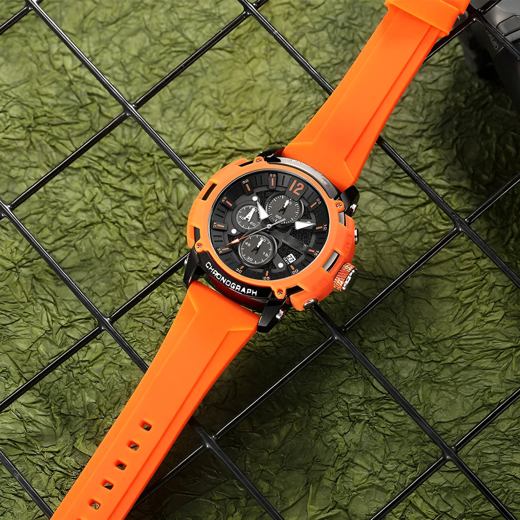 Men's black luminous calendar watch with a 51mm case on a wrist.