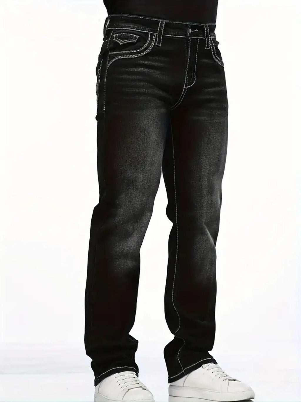 Stretch slim fit black men's cotton denim trousers with straight leg and mid waist