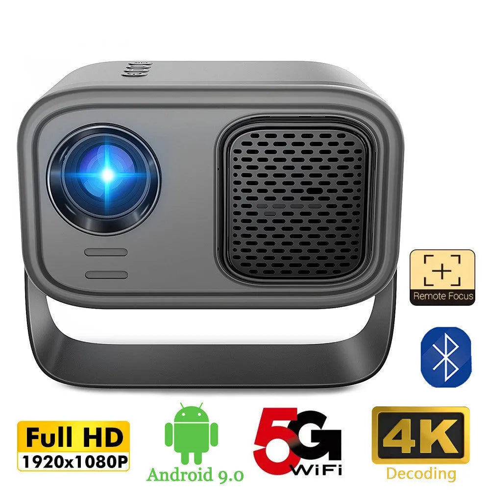 Black portable HD projector with remote control and cables for home office presentations