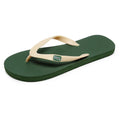 Men's black rubber sole flip-flops with an EVA foam upper on a wooden deck