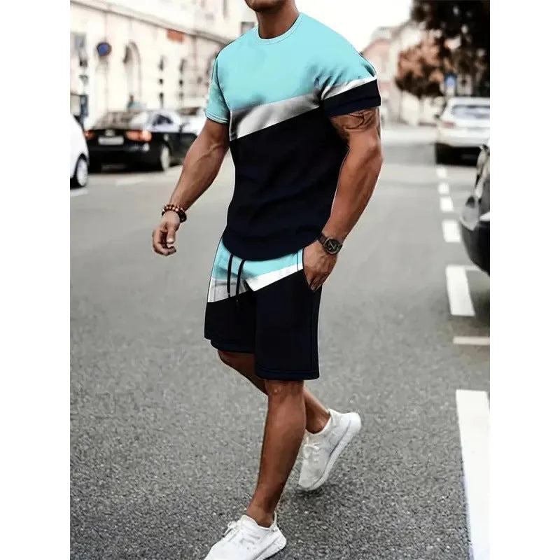 Men's two-piece polyester short-sleeved T-shirt and shorts leisure suit in outdoor setting
