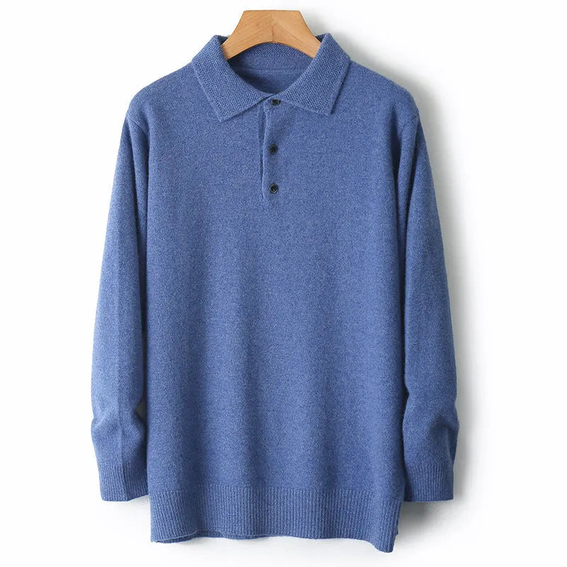 Men's grey wool pullover sweater with a polo collar and long sleeves laid flat