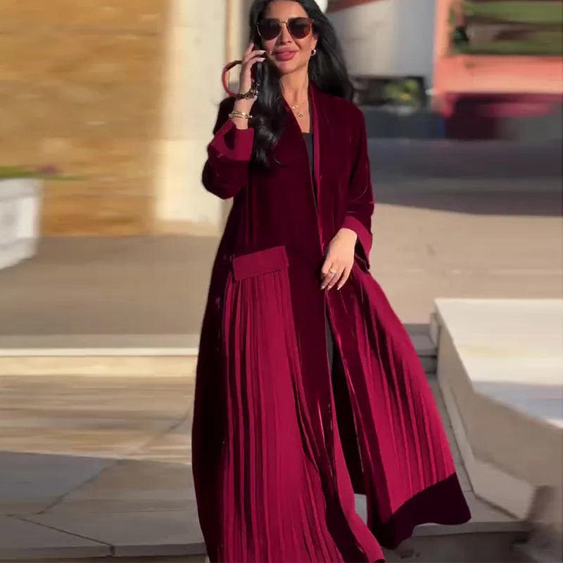 Women's pleated stitching polyester long sleeve coat in wine red, street hipster style