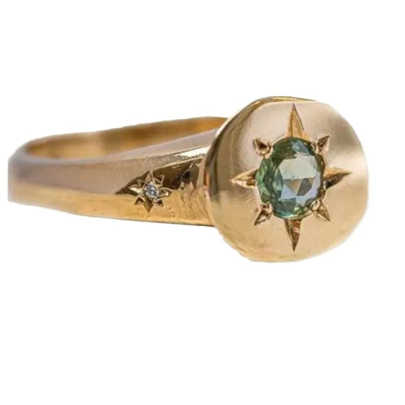 Gold adjustable opening ring with star shape and oval asterism zircon, zinc alloy