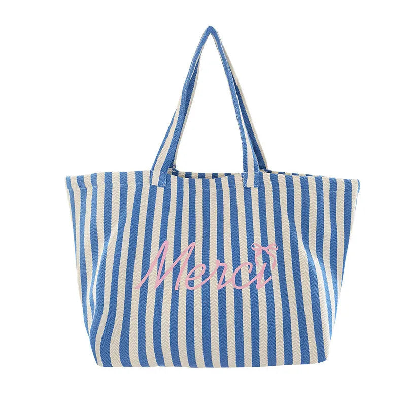 Blue striped letters printed canvas bag in pink blue and white stripes, cotton material construction