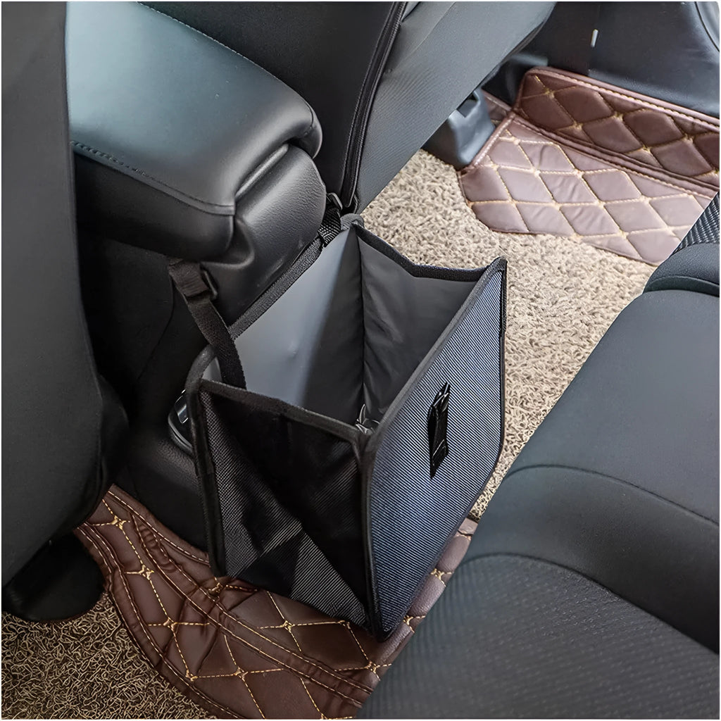 Black car folding trash can made from waterproof Oxford cloth with hanging mechanism