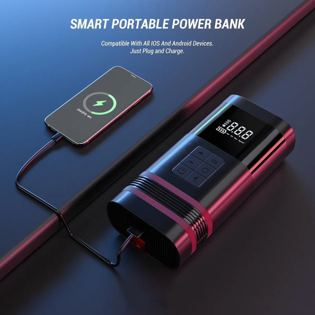 Black wireless emergency car jump starter with USB ports and cables, measuring 19.5x10x5.7cm