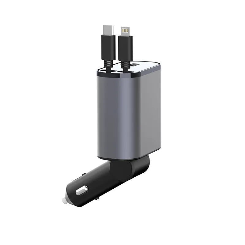 Metal car charger with retractable cable and adjustable head, USB and Type-C ports, 100W fast charging