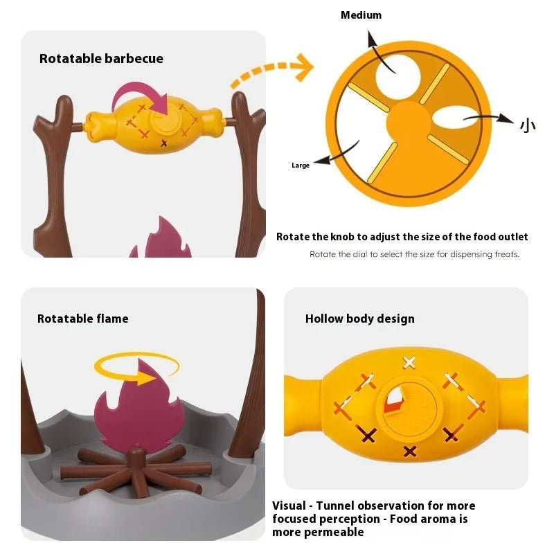 Barbecue-themed plastic tumbling cat treat feeder toy on a floor.