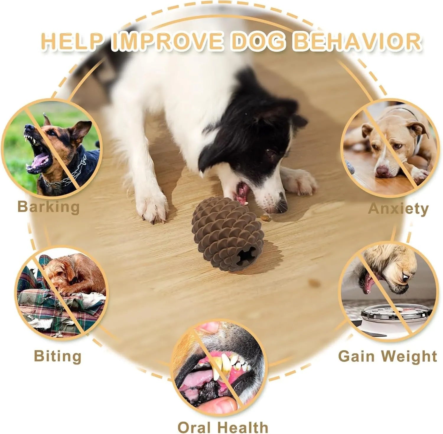 Yellow pine cone-shaped natural rubber dog chew toy with treat dispenser hole.