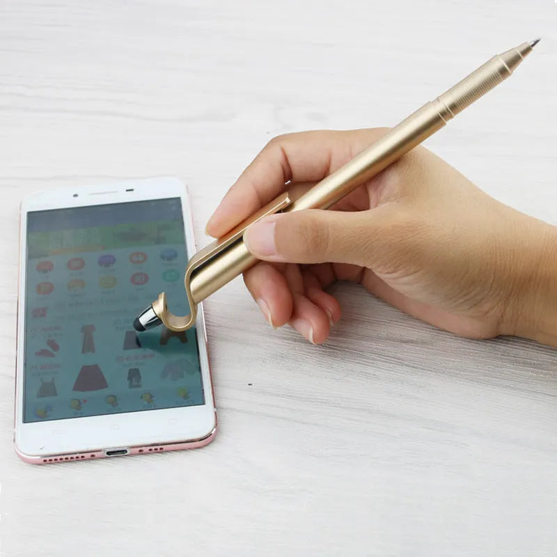 Multifunctional mobile phone holder pen with touch screen stylus and 0.5mm ballpoint tip.