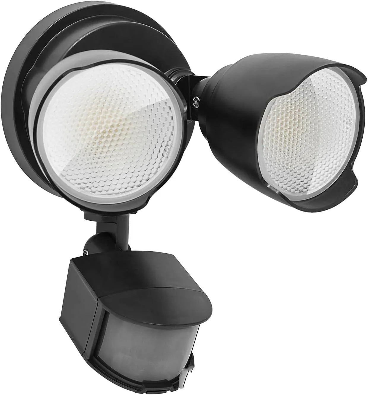 White outdoor LED security flood light with motion sensor mounted on a wall bracket
