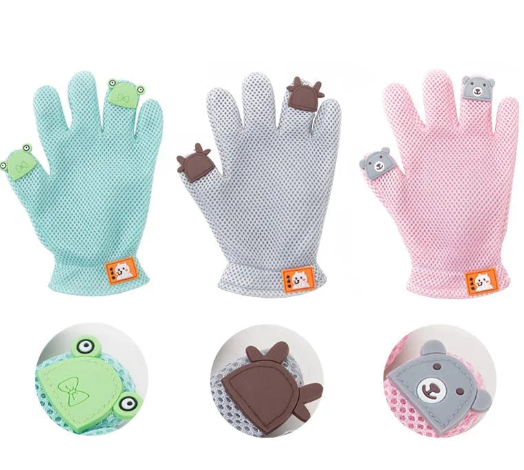 Pet hair removal silicone grooming glove for cats and dogs, pink, with elastic wrist and textured palm