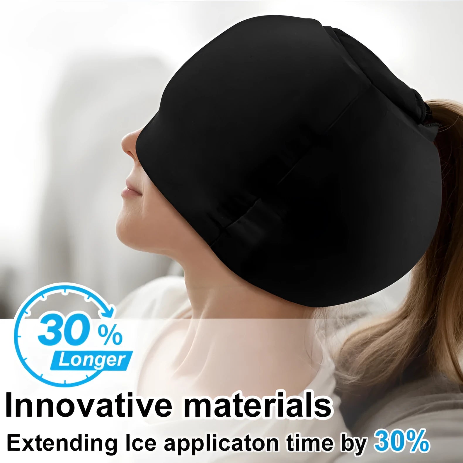Simple solid colour fully enclosed cold compress cap for head cooling.