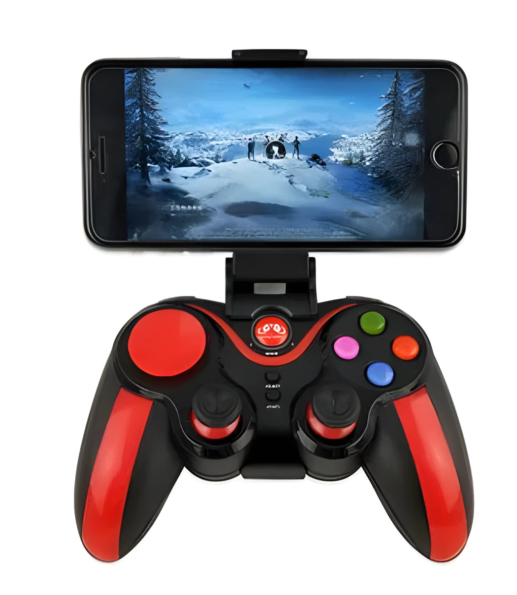 S5 Plus red mobile game controller with phone bracket, ABS body, USB connection for Android and iOS