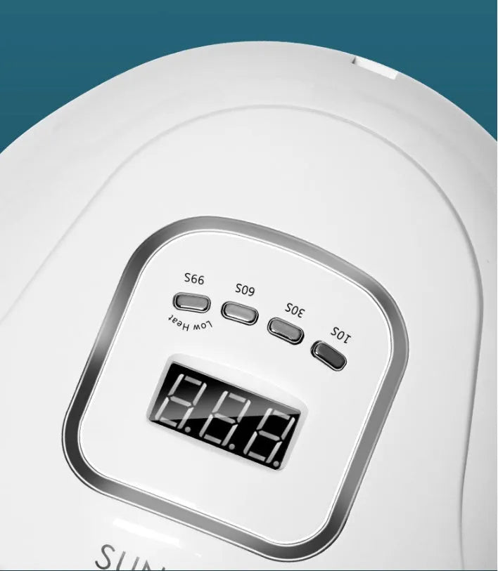 White 120W UV LED gel nail polish dryer lamp with timer display and multiple light settings.