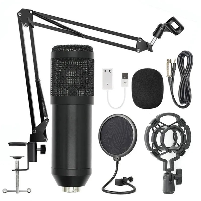 BM-800 condenser microphone with stand in multiple colour options including black blue gold pink red silver white