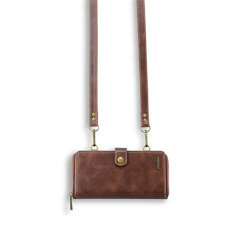 Detachable wallet-style phone case in black showing the strong adsorption leather flap closed over a phone.