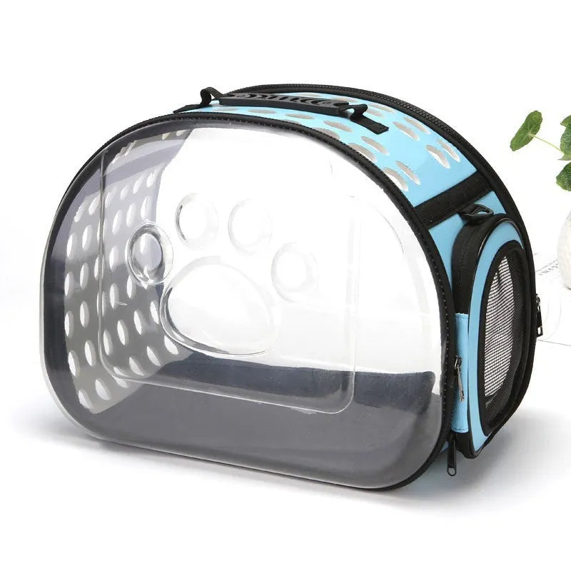 Portable breathable pet backpack with transparent acrylic panels, side vents, locking zipper, and ergonomic shoulder strap
