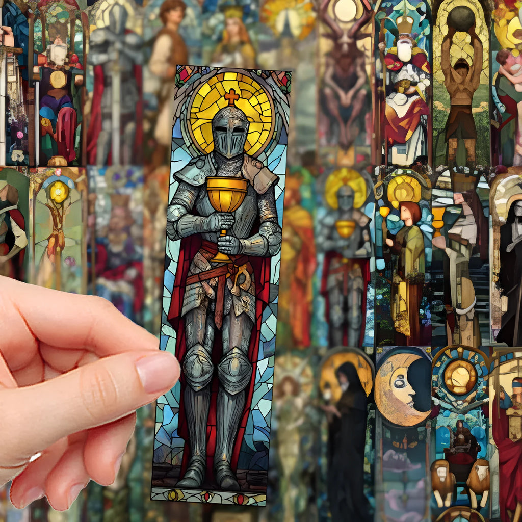 Set of 30 painted glass tarot bookmarks with cute designs on paper, showing colourful illustrations