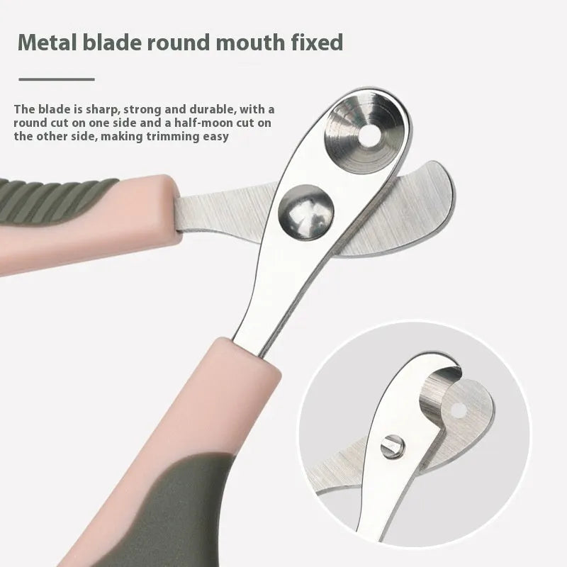 Plastic dog nail clipper with round hole design, 10.5 x 6.9 x 0.9 cm, in Sweet Peach Pink, Haze Blue, or Olive Green