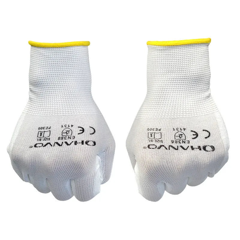 White PU coated labour gloves showing 24cm length and flexible construction