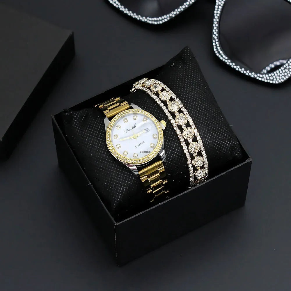 Women's fashion bracelet watch with gold or silver strap, three-row rhinestone detail, black or white face, 8mm case