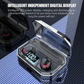 Black Bluetooth wireless earbuds with a matching charging case on a white background.