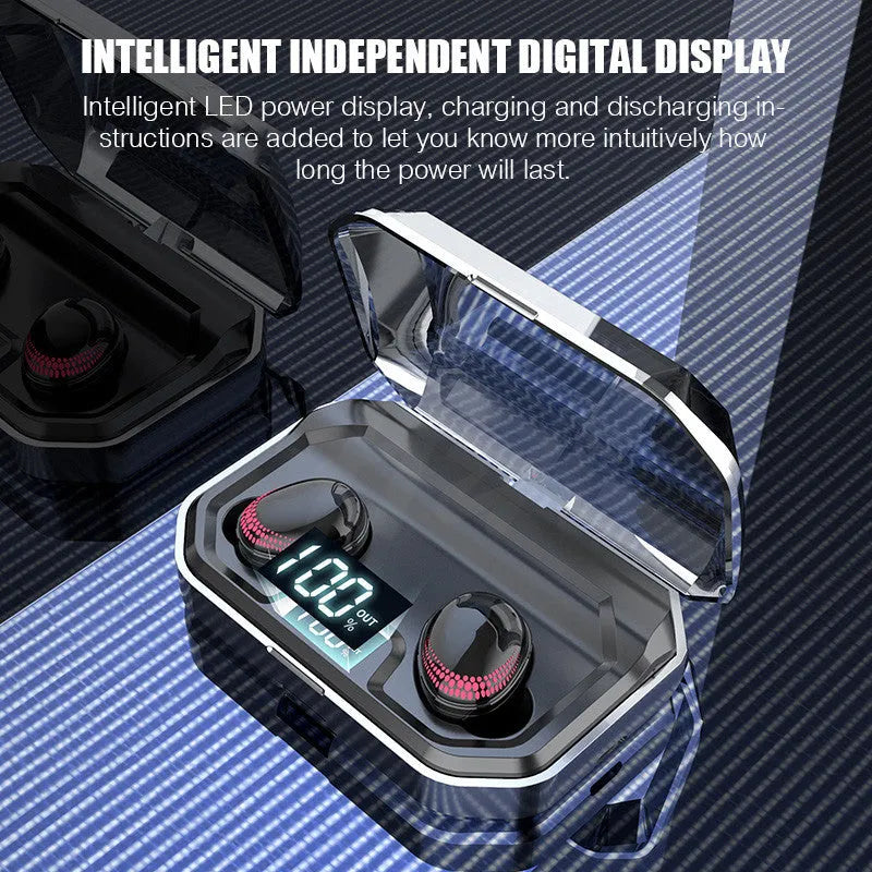 Black Bluetooth wireless earbuds with a matching charging case on a white background.