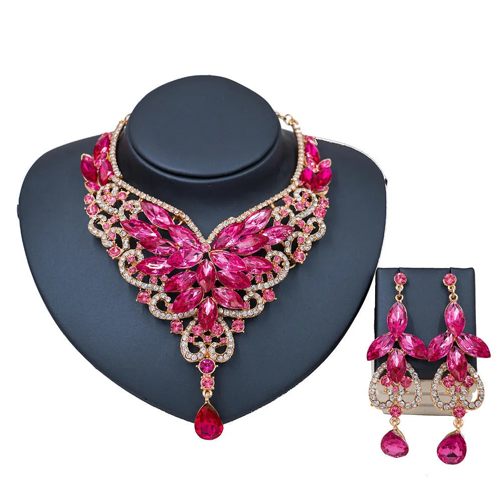 Exaggerated bride necklace and earrings set in alloy with diamond-cut finish, available in multiple colours