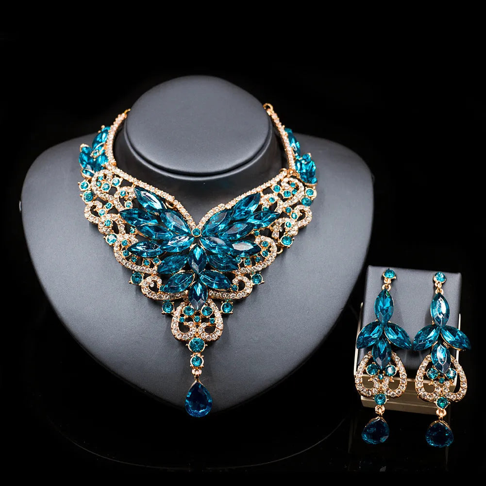 Exaggerated bride necklace and earrings set in alloy with diamond-cut finish, available in multiple colours