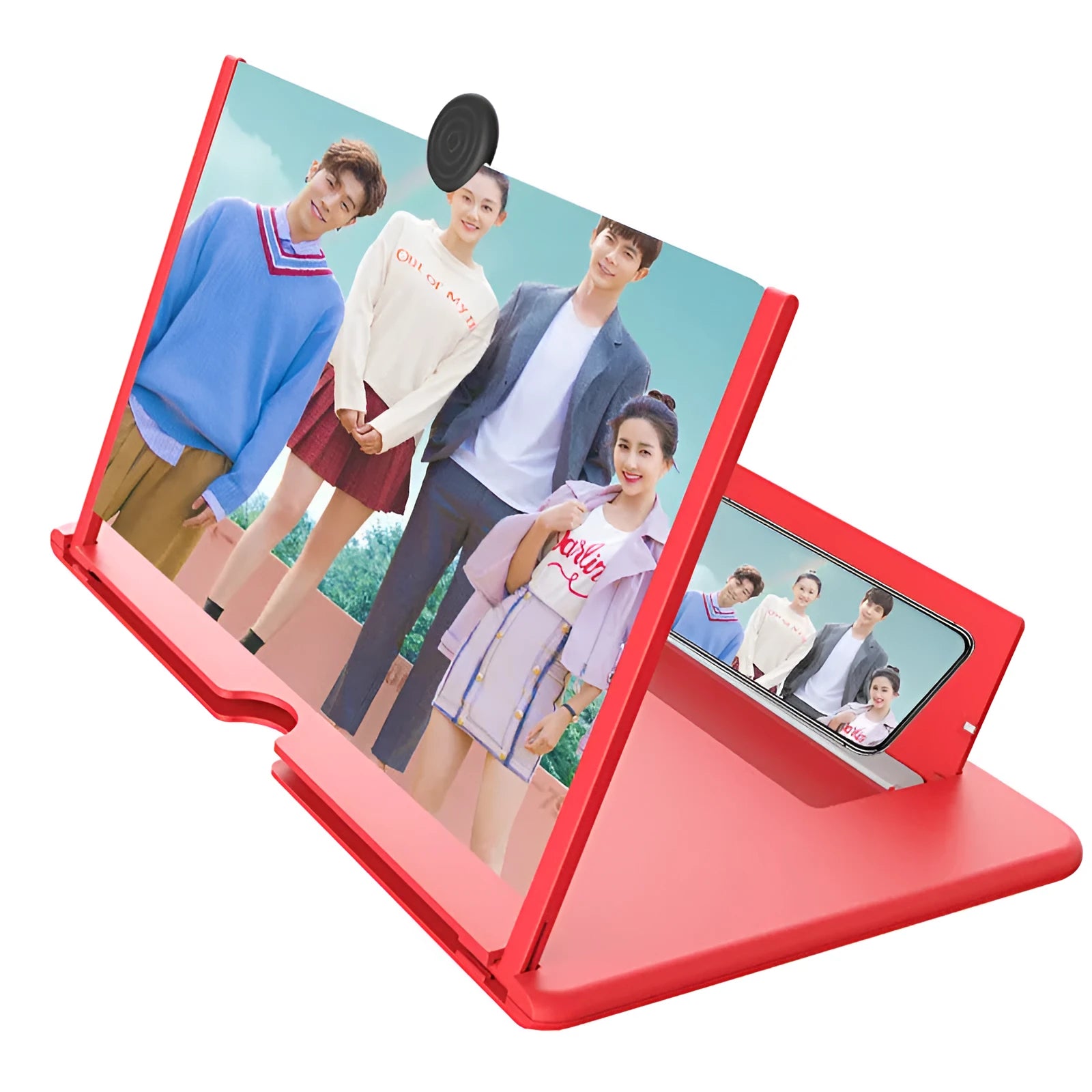12 inch mobile phone screen amplifier with ABS plastic Phoenix lens in Black colour showing 3-4x magnification and stand holder
