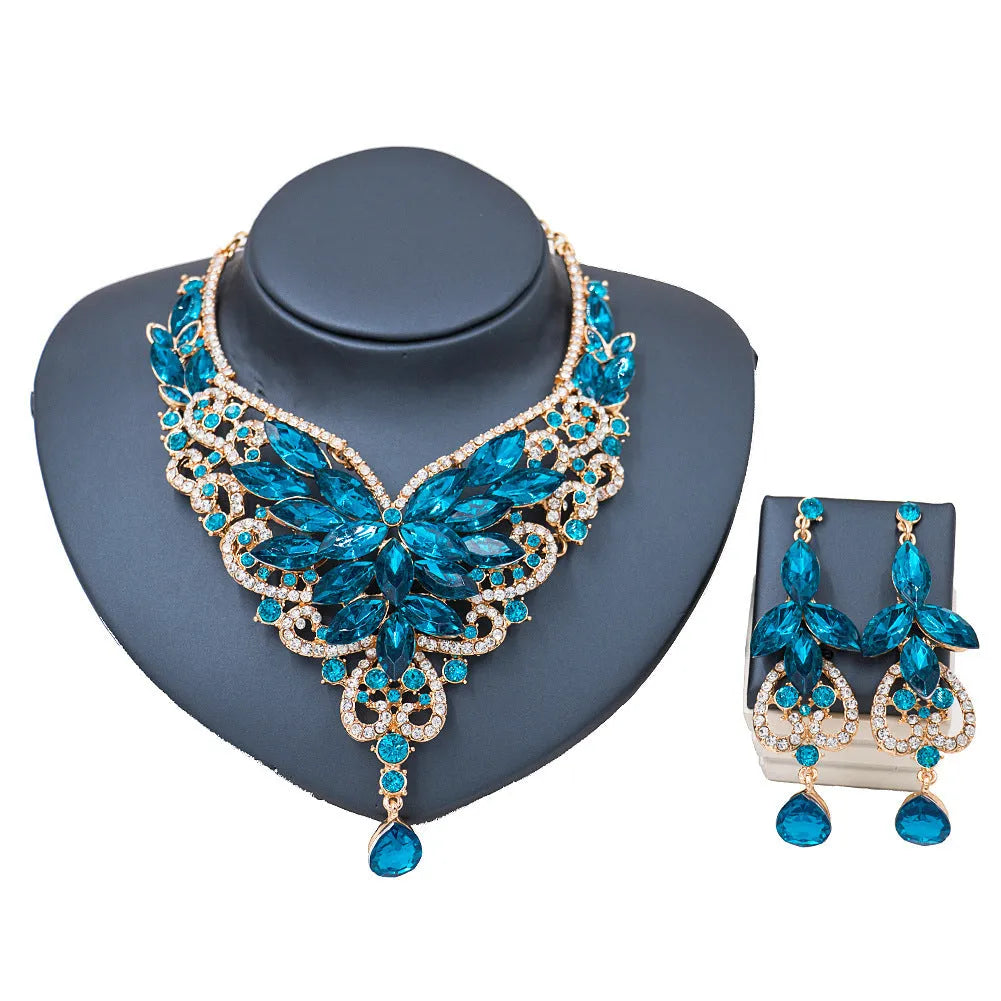 Exaggerated bride necklace and earrings set in alloy with diamond-cut finish, available in multiple colours