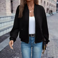 Black women's casual zip jacket with long sleeves in Japanese Korean style