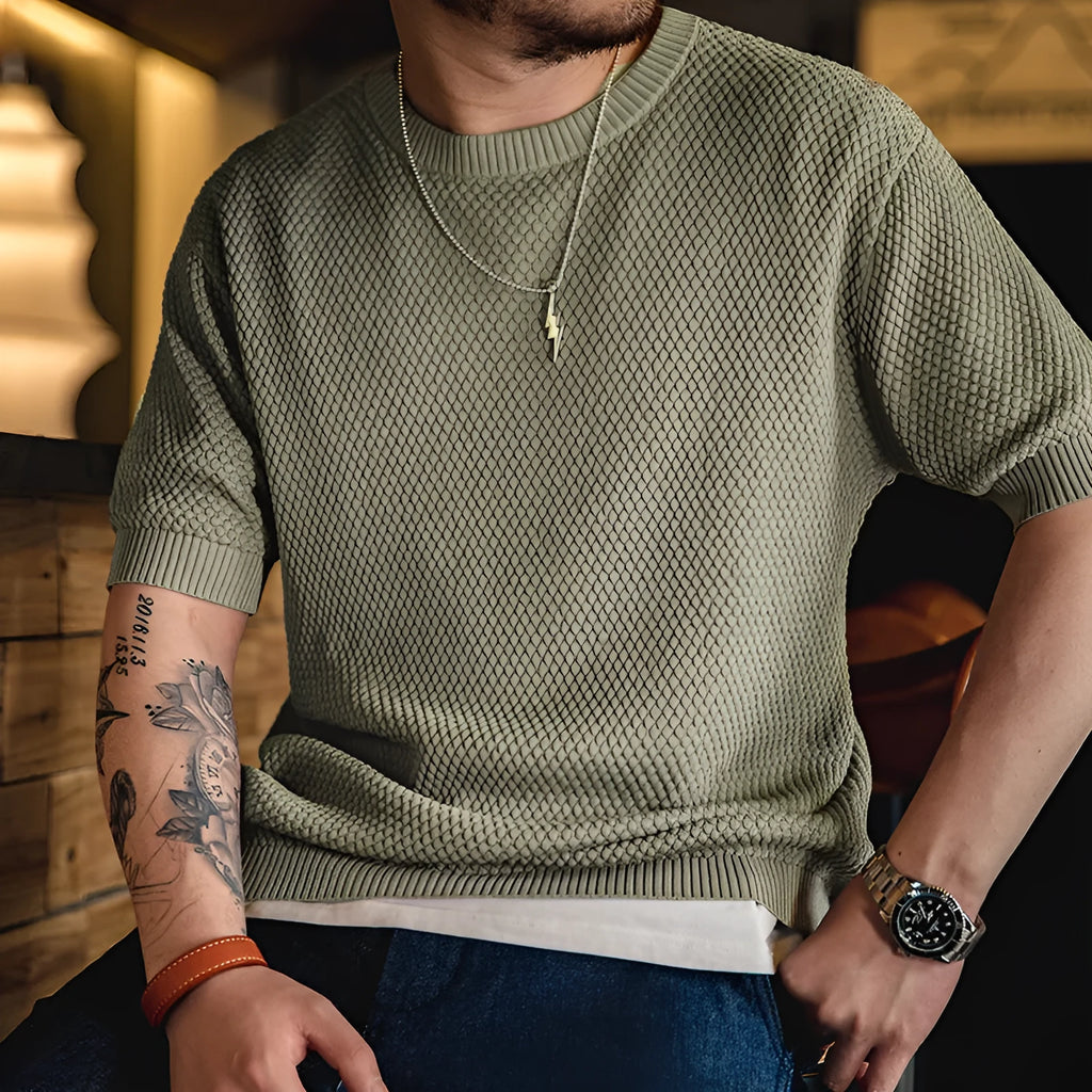 Men's pineapple pattern 3D knitting T-shirt in khaki green, cotton and viscose blend, short sleeve casual top