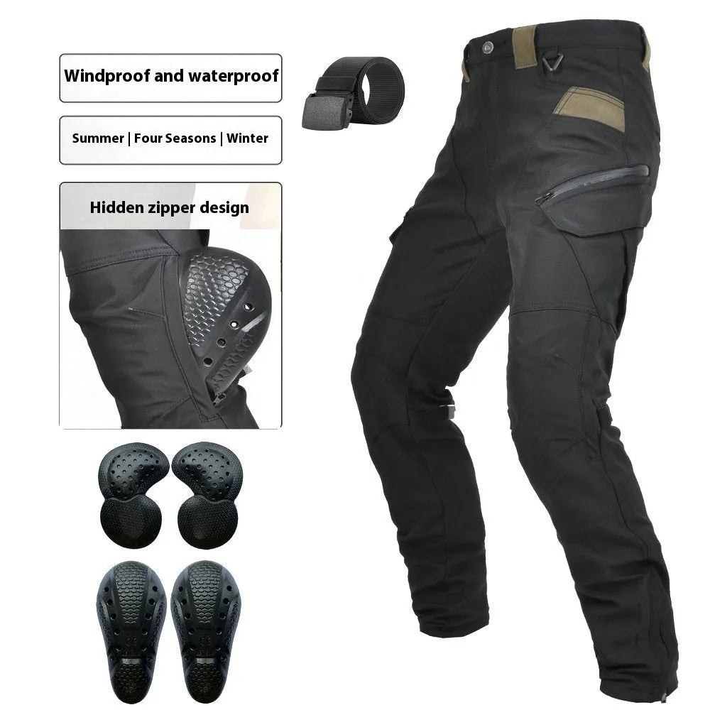 Men's green waterproof motorcycle trousers with belt and protective knee pads laid flat.