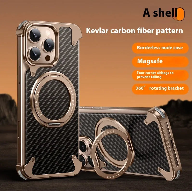 Matte black YILI shell carbon fibre magnetic bracket case for iPhone 16 Pro Max with carved finish