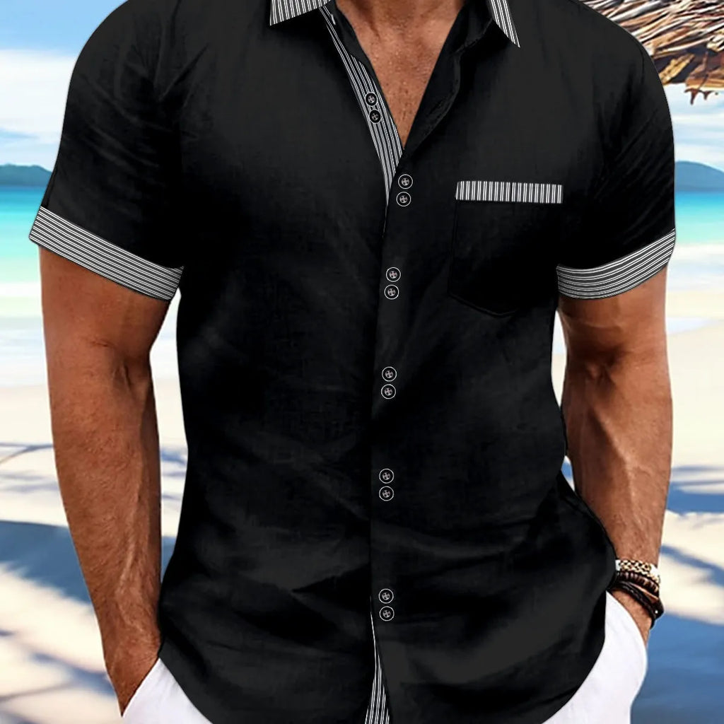 Man wearing a slim fit, short sleeve striped casual shirt in pure cotton.