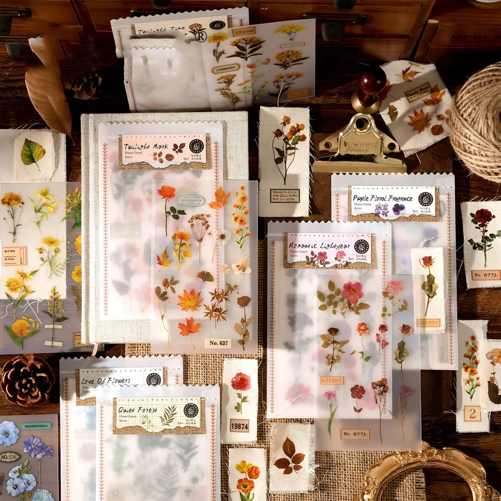 Huazhisen series forest art sticker pack showing six colour designs at 85x180mm size
