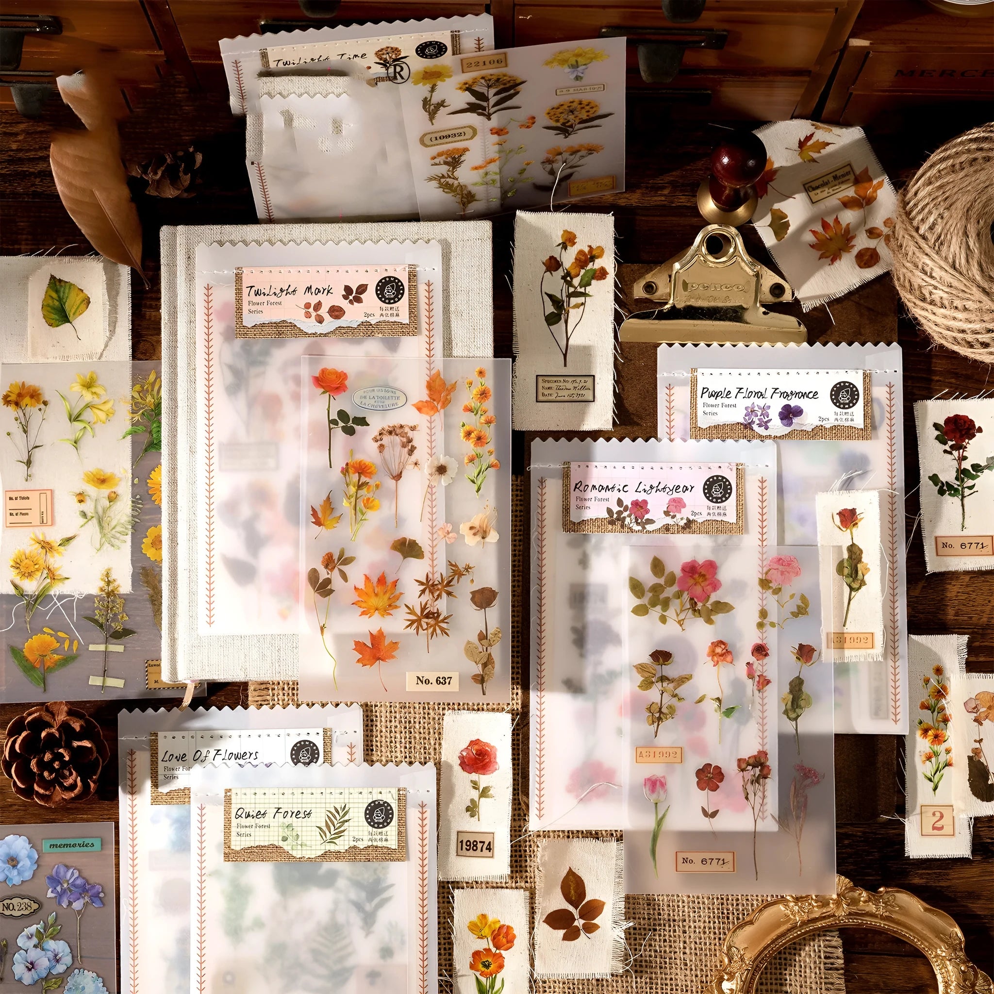 Huazhisen series forest art sticker pack showing six colour designs at 85x180mm size