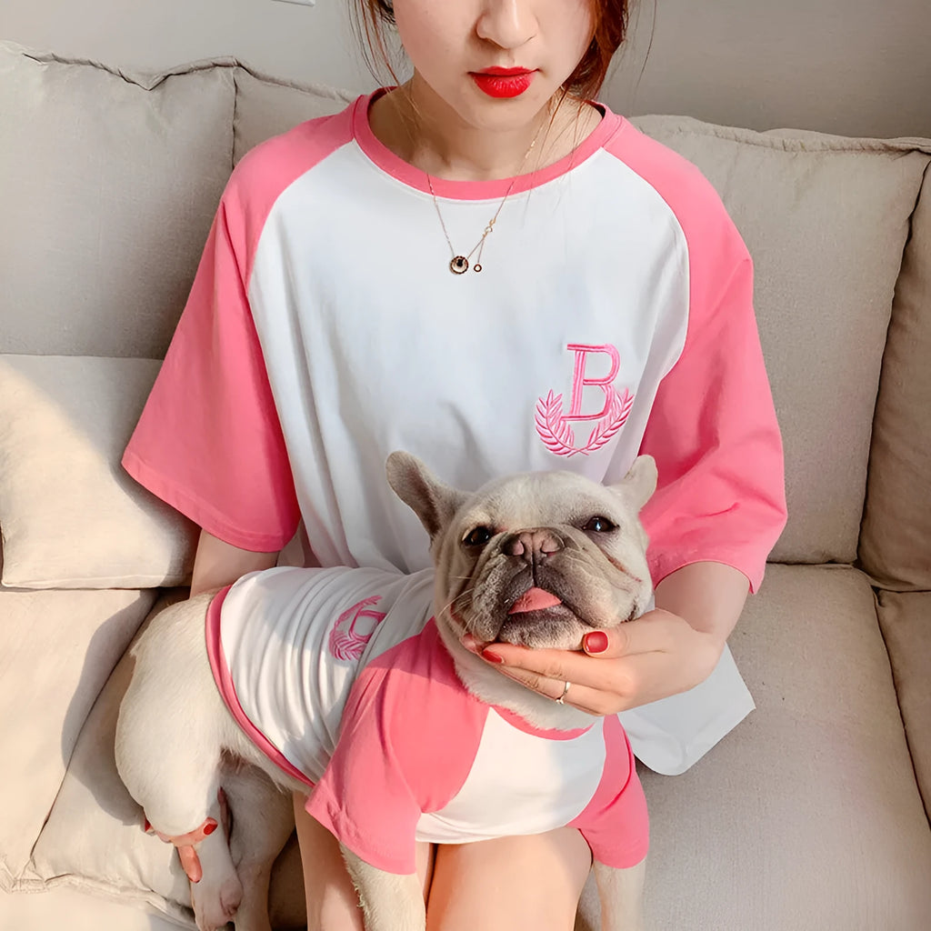 Dog wearing a short sleeve casual top in double yarn stretch Odell fabric, colour Blue