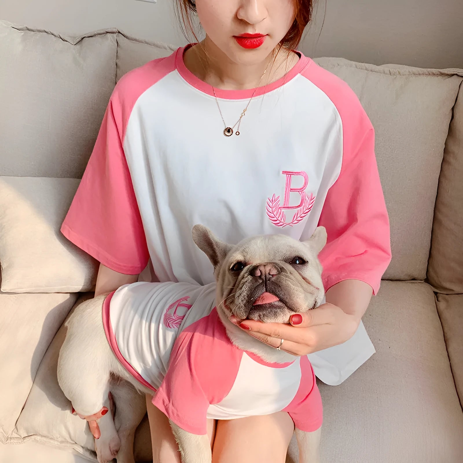 Dog wearing a short sleeve casual top in double yarn stretch Odell fabric, colour Blue