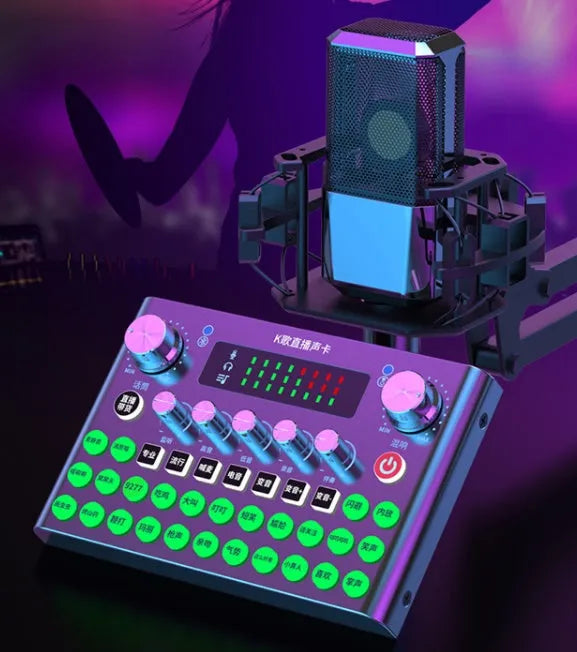 F007plus wireless live broadcast sound card with condenser microphone on its included bracket