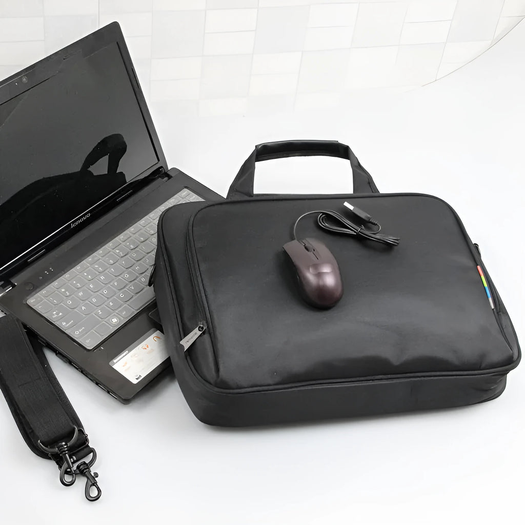 Black nylon one-shoulder computer bag for laptops up to 17.3 inches with hidden strap and shock protection