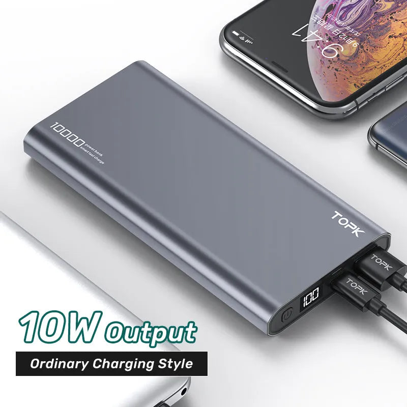 Silver 10,000mAh full metal shell fast charging power bank with digital display