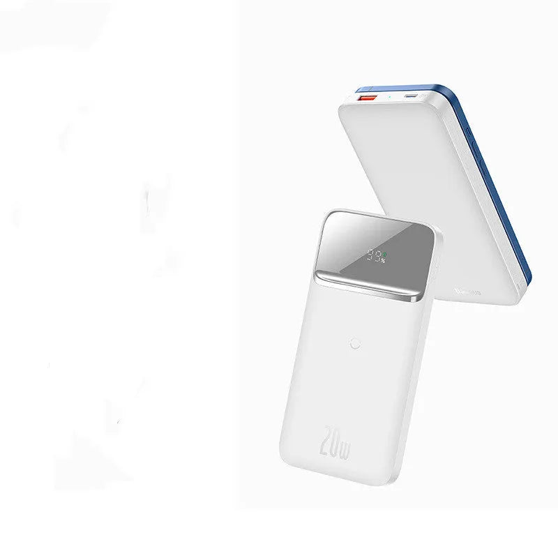 White MagSafe magnetic wireless power bank with LCD display showing battery percentage