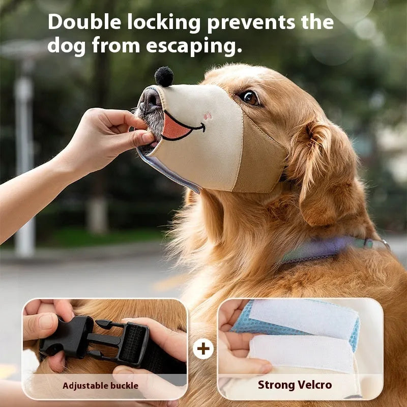 Canvas dog muzzle in Ollie Brown colour, shown on a dog, with adjustable straps and open design for panting.